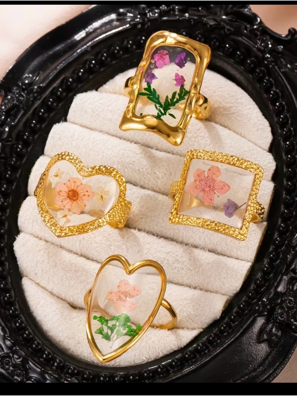 18k Gold plated Resin Floral Heart & Square Rings - Pink Flower Accents